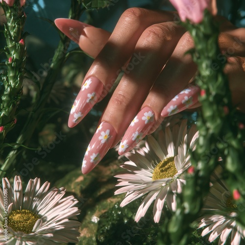 Hispanic woman hands with floral nail art in a garden setting for beauty editorial