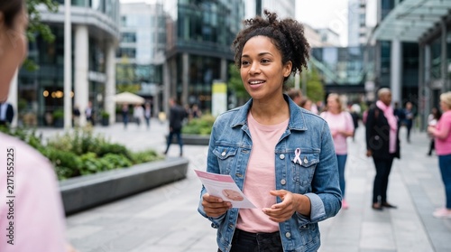 Woman with pink ribbon brooch distributing flyers in a city street promoting breast cancer awareness