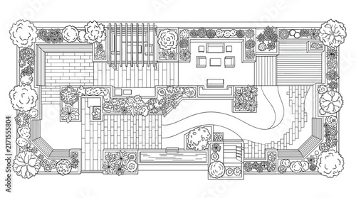 Landscape design plan with garden elements and outdoor living space