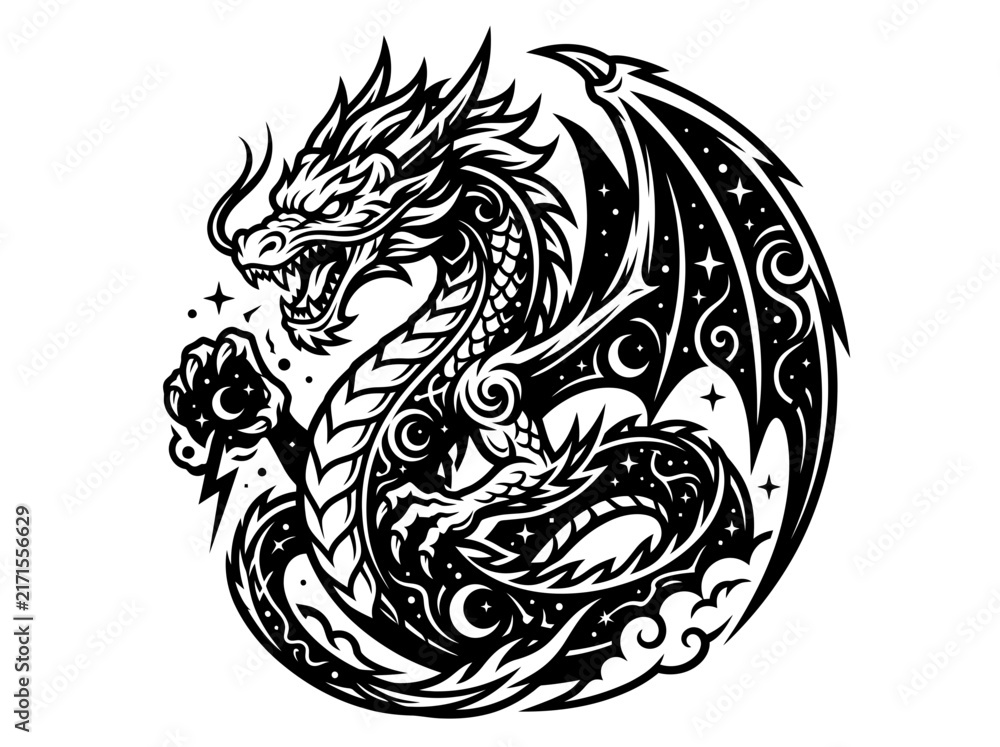 Obraz premium Mythical Dragon Illustration, Fantasy Creature with Crescent Moons and Stars