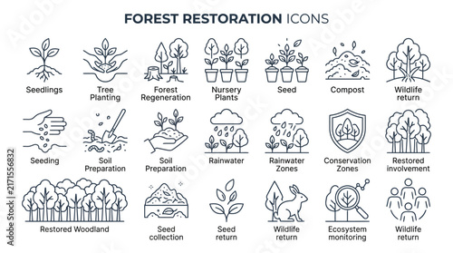 Forest restoration line art vector graphic collection showing environmental conservation icons for sustainable development project designs
