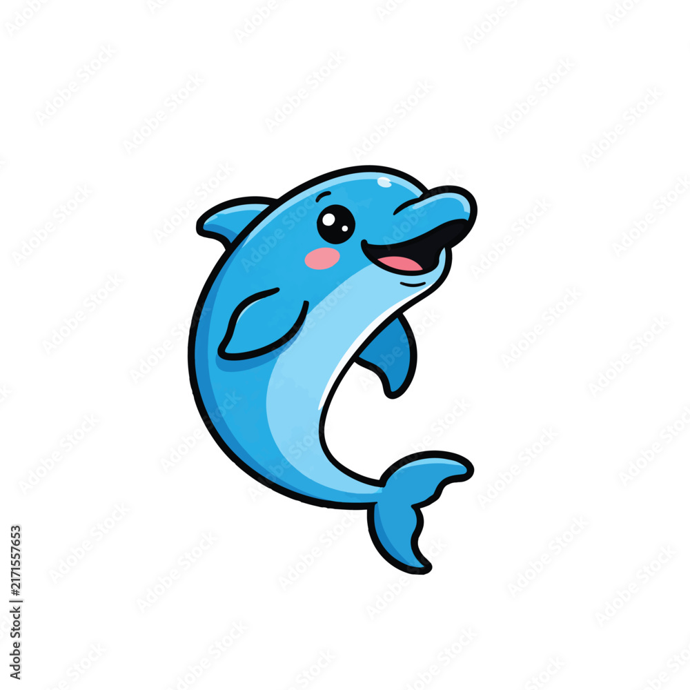 Naklejka premium Cute cartoon dolphin with a cheerful smile and rosy cheeks.