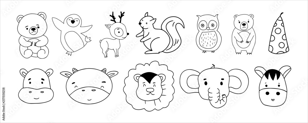 Fototapeta premium Collection of Adorable Animal Outline Illustrations for Children Coloring Activity Book