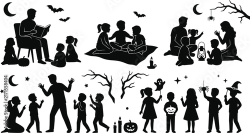 Family halloween storytelling scary spooky night campfire stories children parents holiday party silhouette vector illustration icon set