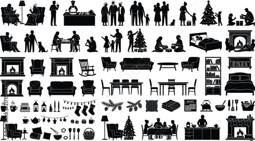 Cozy Christmas home interior silhouette vector mega set with family holiday activities furniture and festive decorations icons