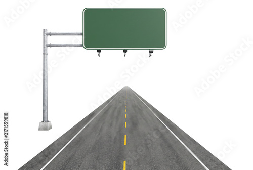 Empty Road with Blank Green Highway Sign and Overhead Gantry