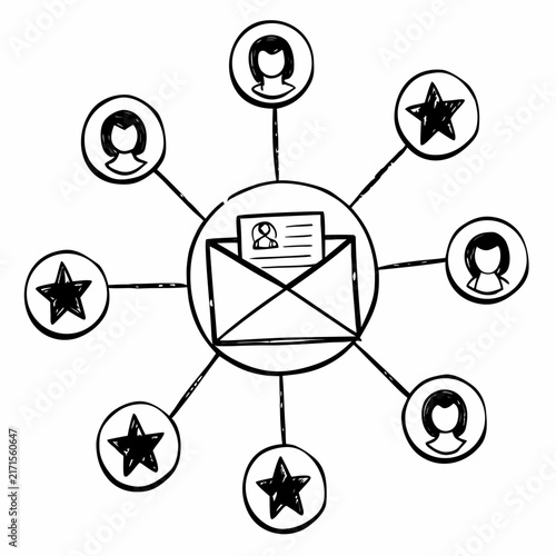 Email newsletter distribution concept with hand drawn style people and stars