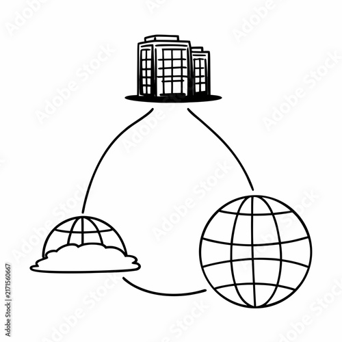 Conceptual illustration of a building connected to cloud and global network