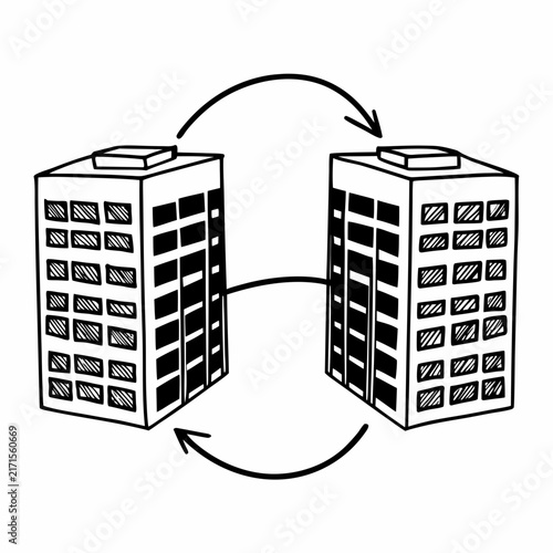 Data exchange between two skyscrapers with connecting arrows representing information flow