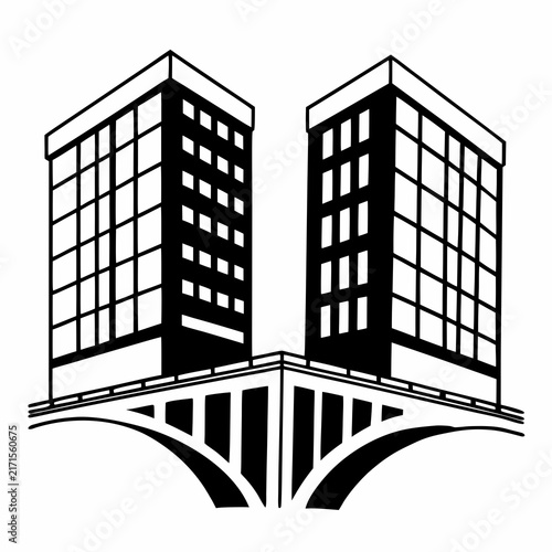 Modern architectural illustration of two buildings connected by a bridge structure