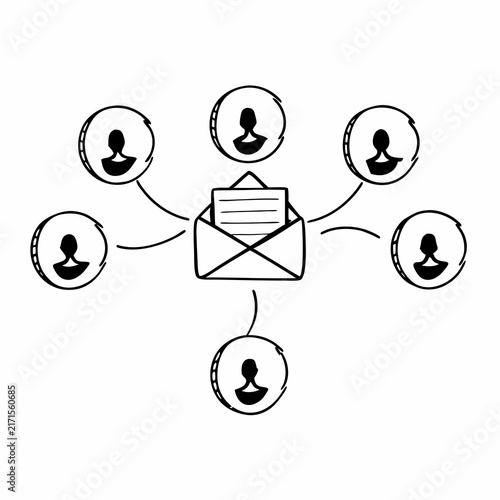 Hand drawn illustration of an email being sent to multiple recipients