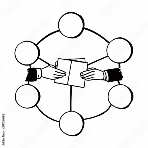 Hands exchanging documents within a network of connected circles illustration