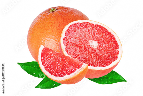 Foto Whole and Sliced Red Grapefruit with Fresh Green Leaves