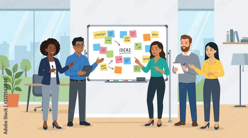 Obraz premium A diverse business team engages in a close group huddle, intensely discussing project details and ideas in a dynamic flat design illustration.