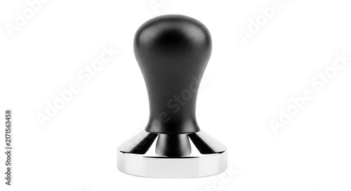A shiny black and silver espresso coffee tamper for making delicious beverages.