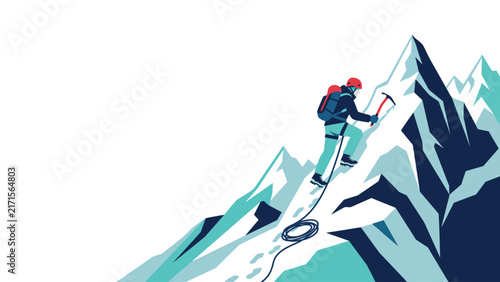 Obraz na plátně Solo mountaineer climbing a steep snowy mountain peak in minimalist style