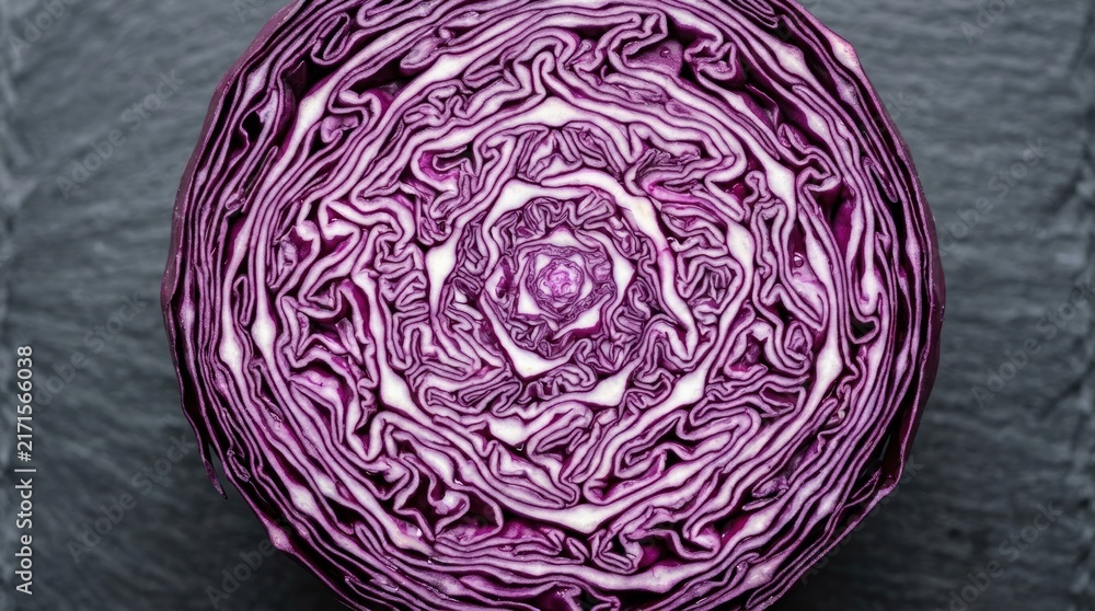 Fototapeta premium Top view of a fresh red cabbage half on a dark textured background.