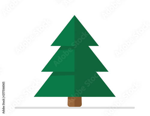 Green Christmas tree with brown pot on white background.