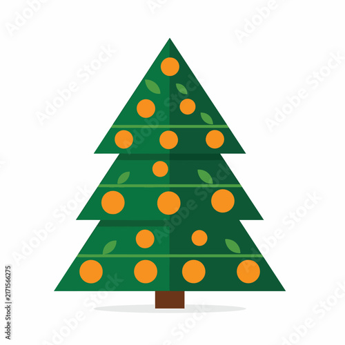 Green Christmas tree with golden ornaments and red gift box.