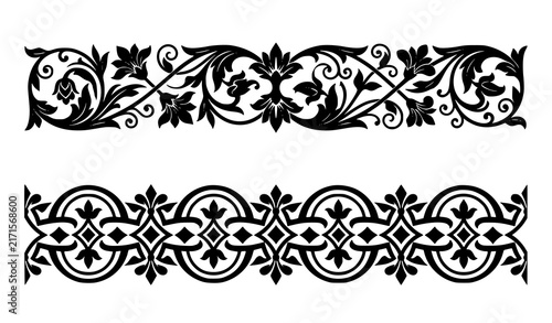 Black Floral Scrollwork and Geometric Ornament Border Silhouette Collection