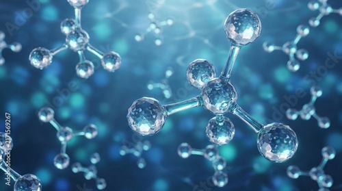 Crystal glass molecules floating in a blue abstract background representing scientific research with abstract environment with transparent crystal