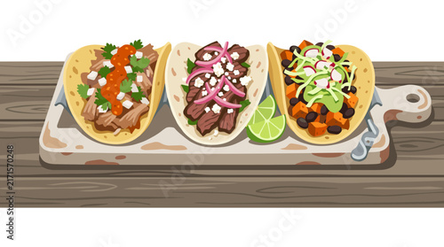 Three mexican tacos on a wooden cutting board illustration