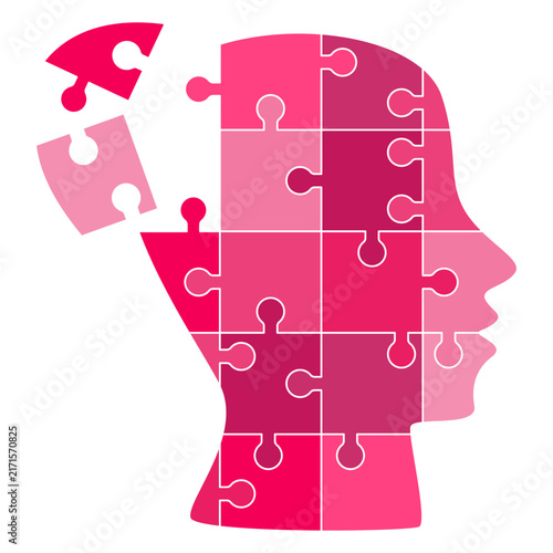 Pink silhouette of head made of puzzle pieces with two pieces missing. Concept of mental health, psychology, mind, thinking, problem solving, self discovery and cognitive wellness.