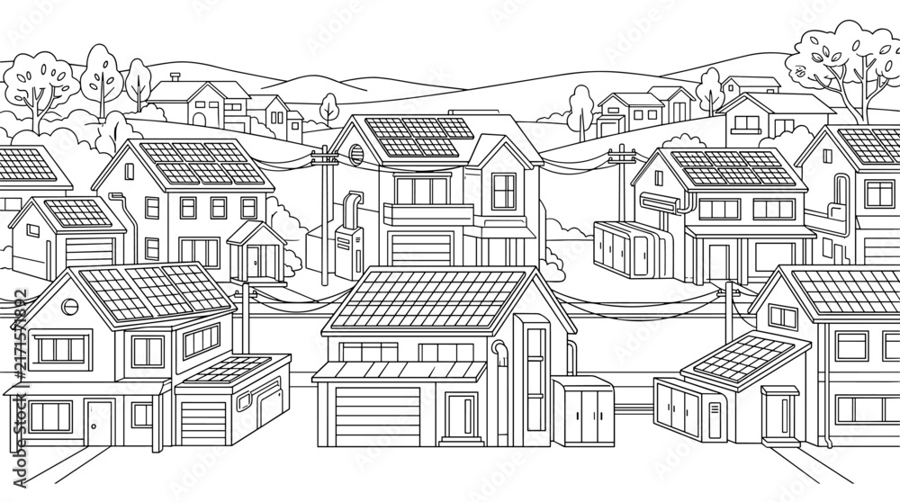 Obraz premium Suburban neighborhood with solar panels on roofs line art illustration