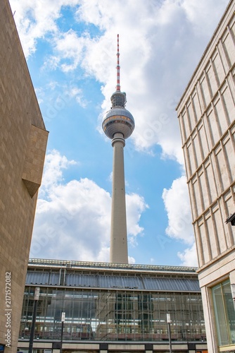 Photography Berlin TV Tower (Fernsehturm) viewed from below against a clear sky