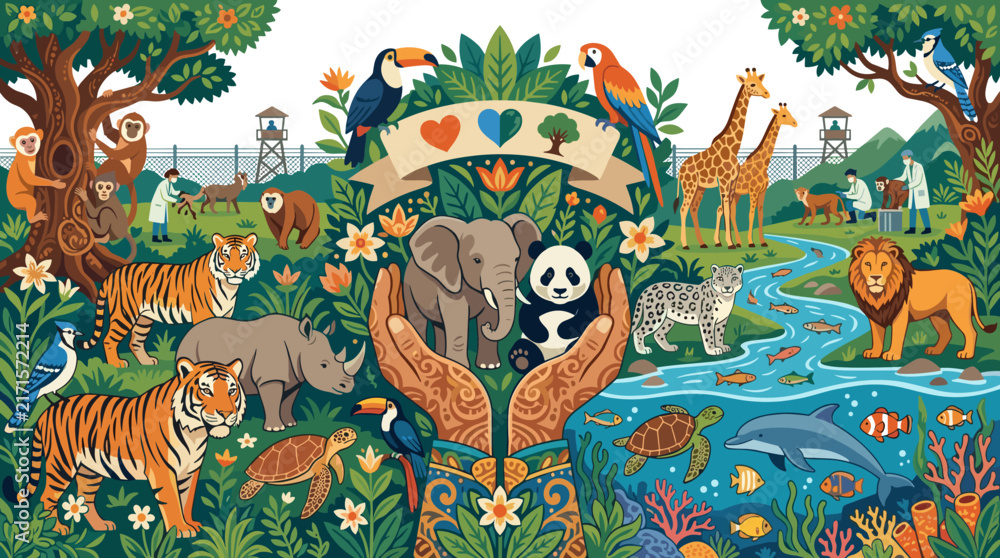Obraz premium Global wildlife conservation and biodiversity protection illustration
