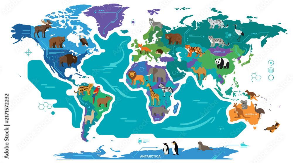 Naklejka premium Educational world map with inverted orientation and wildlife