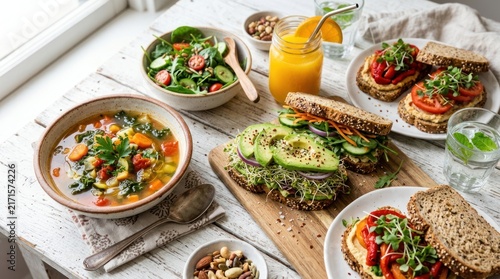 Healthy vegan meal spread with soup avocado toast and salad.