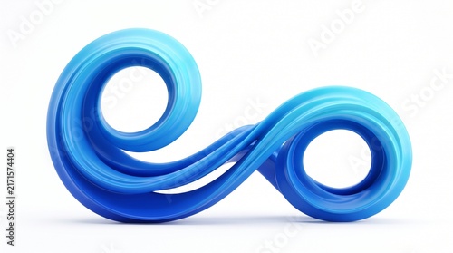 Abstract blue sculptural form with swirling fluid curves and an infinity loop shape against a clean white background