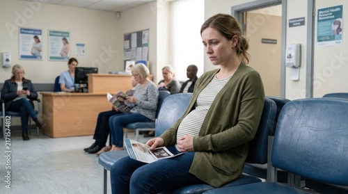 Pregnant woman waiting in a busy medical clinic lobby.