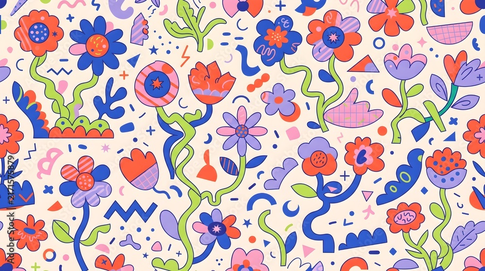 Naklejka premium Abstract floral pattern with colorful doodle flowers and geometric shapes for textile
