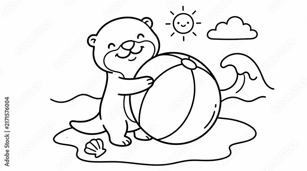 Fototapeta premium Cute cartoon otter holding a large beach ball on the seashore under a smiling sun, coloring page illustration for kids.
