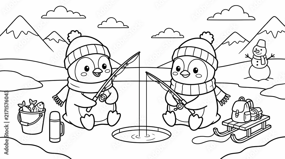 Fototapeta premium Black and white coloring page illustration of two cute penguins ice fishing in a snowy winter landscape with mountains and a snowman.
