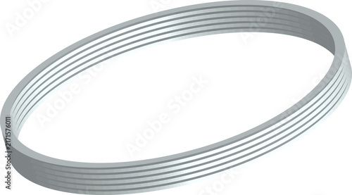 Silver ribbed mechanical belt displays clean metallic shading with subtle highlights on white background.