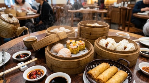 Authentic Dim Sum Feast Served in Traditional Bamboo Steamers.