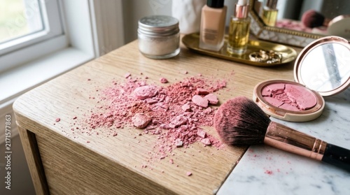 Broken pink blush powder spilled on vanity table with makeup brush.