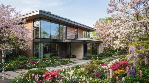 Luxurious modern house with large windows surrounded by blooming spring flowers and lush green gardens