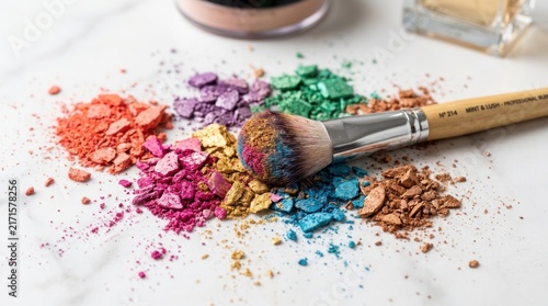 Colorful crushed eyeshadow makeup powder with professional cosmetic brush on white marble background.