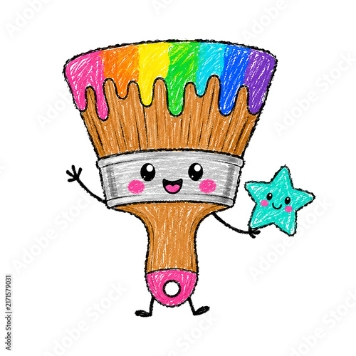 Adorable Crayon Paintbrush Character with Rainbow Paint and a Star, Cheerful Art Drawing for Kids' Creativity.