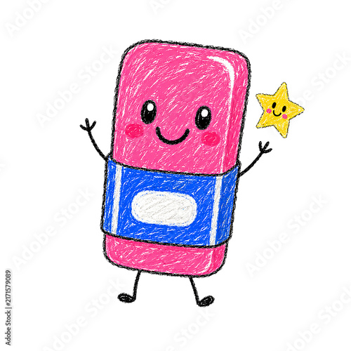 Cute Pink Eraser Crayon Drawing Character Holding Shining Star, Happy School Supply Art
