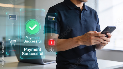 Successful Digital Payment Concept with Smartphone and Green Confirmation Interface, Online Transaction, Mobile Banking, Fintech and Secure Electronic Payment