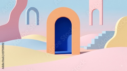 Surreal landscape with colorful archways stairs and abstract geometric shapes abstract architecture stairs element fantasy world pastel colors modern design portal structures dreamscape setting