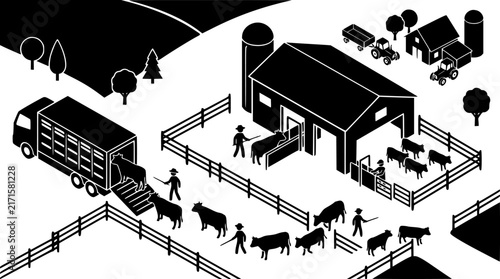 Isometric farm scene with cows and farmer tending animals