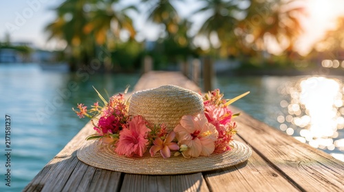 Sun hat decorated with tropical flower lei on wooden dock overlooking tranquil water with palm trees and golden sunlight at sunset in tropical vacation paradise