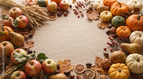 Abundant Autumn Harvest Seasonal Frame Featuring Fresh Pumpkins Apples Pears and Golden Wheat Stalks on Textured Background