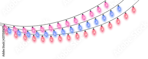 Glowing pink and blue light bulbs hanging on black wires
